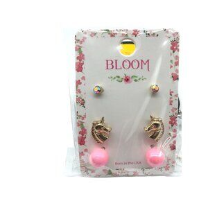 Bloom Gold Tone Unicorn & Pink Stud Earring Set